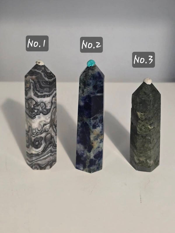Mixed Material Towers Chocolate Calcite, Sodalite and Prehnite