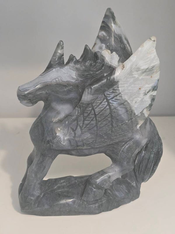 Moss Agate Unicorn Carving R433