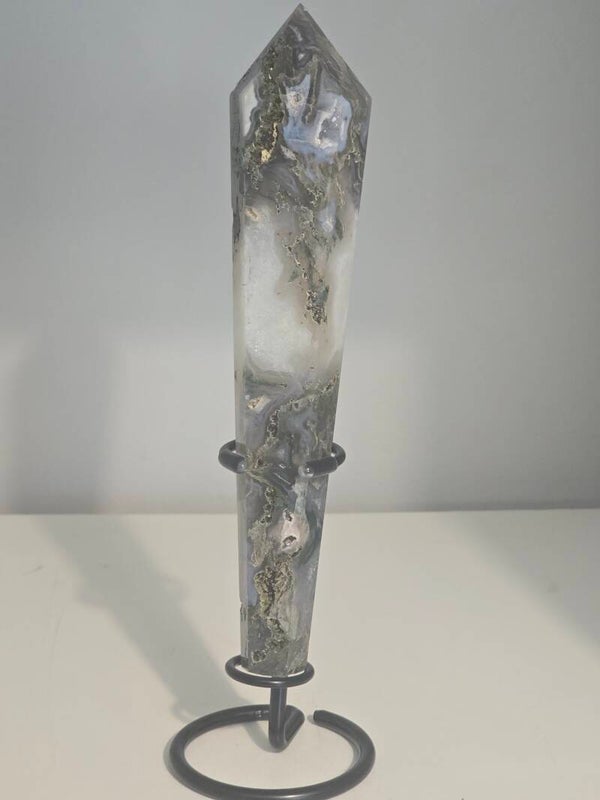 Moss Agate Wand with Stand R446