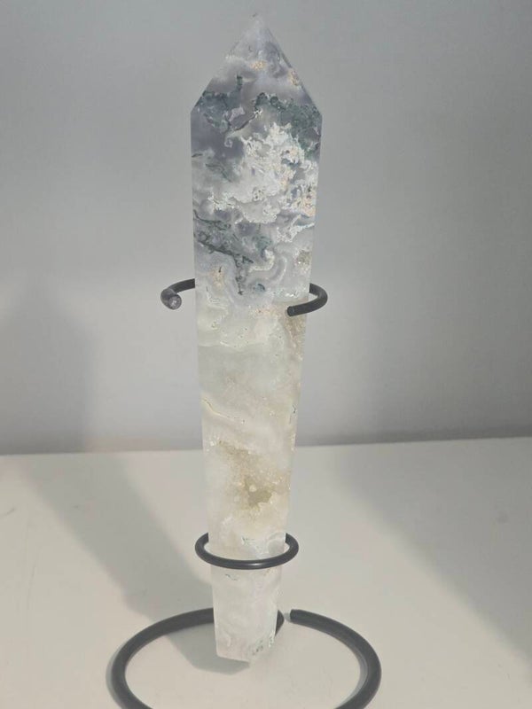 Moss Agate Druzy Wand with Stand R447
