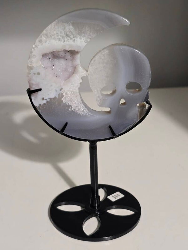 Agate Skull Moon Carving in Stand M10