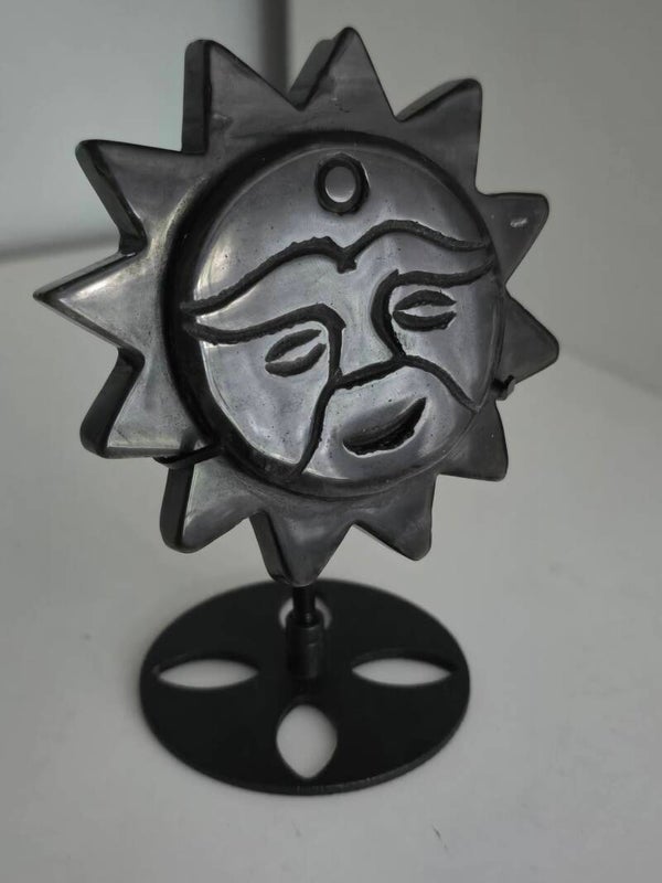 Silver Obsidian Sun Carving on Stand Z929