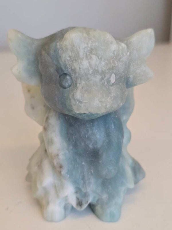 Blue Calcite Fairy Highland Cow Carving R568
