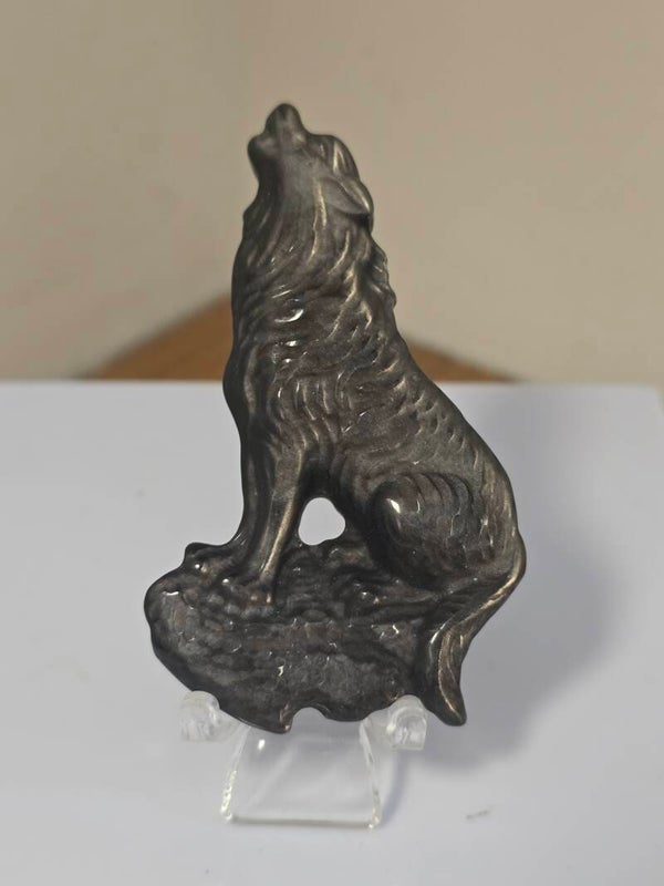 Silver Obsidian Wolf Carving S206