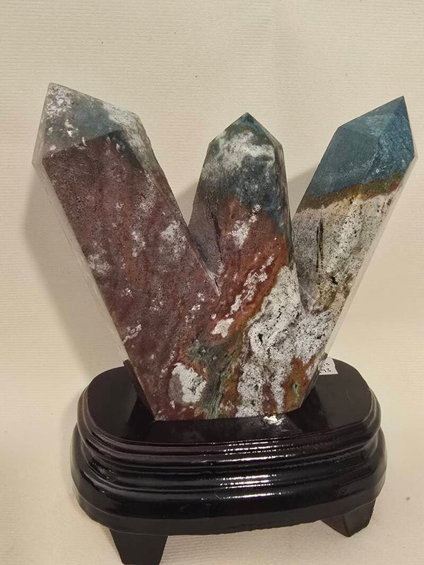 Ocean Jasper Triple Tower in wooden base Z313
