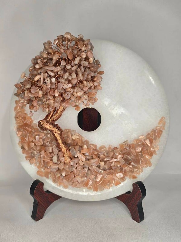White Jade Donut with Peach Moonstone Tree Z182