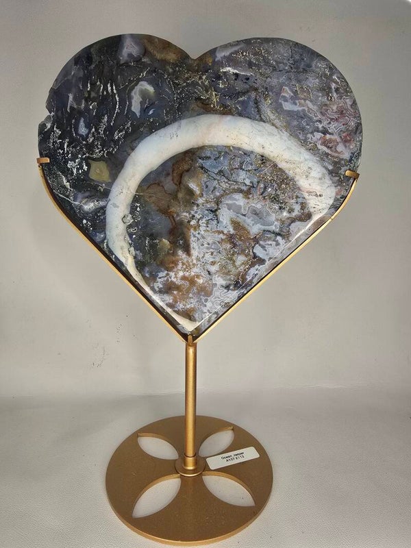 Moss & Ocean Jasper Heart on Custom Stand A157