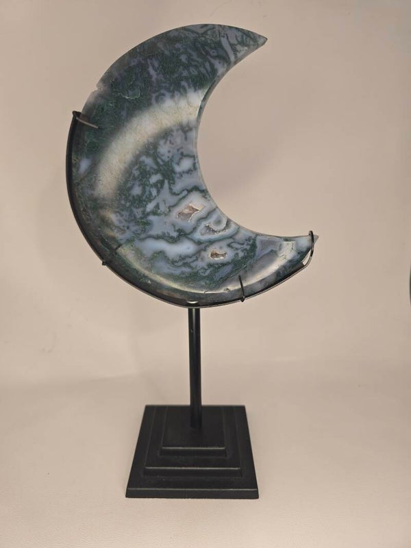 Moss Agate Moon on stand Z195