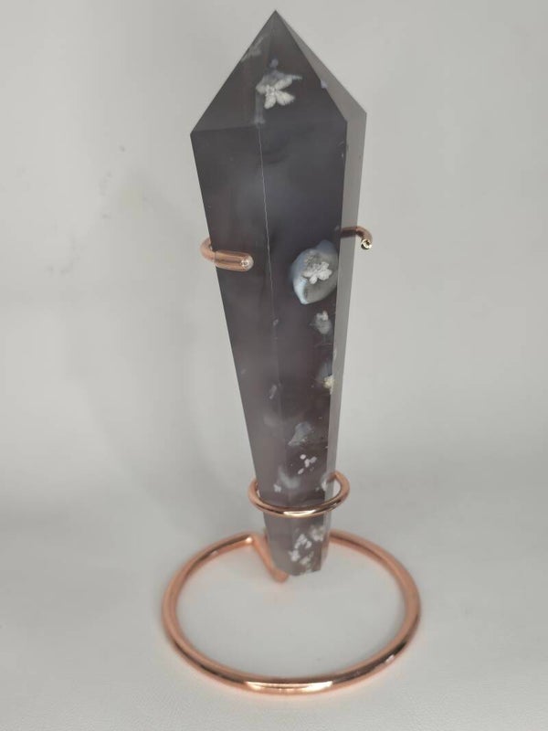 Black Flower Agate Wand in Stand R312