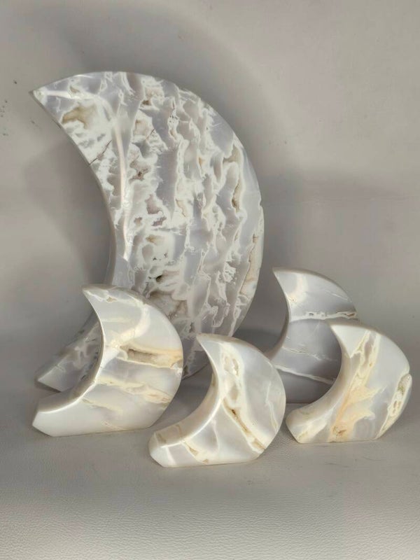 Indonesian White Plume Agate Freestanding Moons