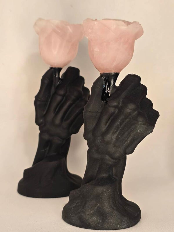 Obsidian & Rose Quartz Skelton Hand & Flower S336