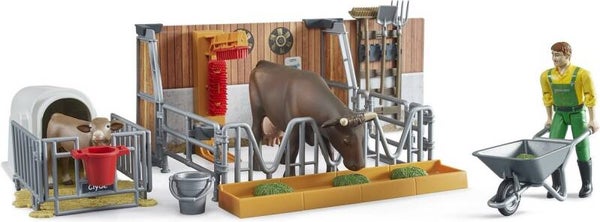 Bruder koe- en kalveren stal met boer(figuur) (62611)