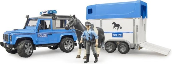 Bruder 2588 Land Rover Defender politievoertuig, paardentrailer, paard + politieagent