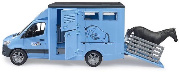Bruder MB Sprinter dieren transport blauw met paard (02674)