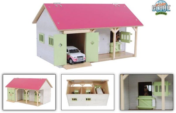 Kids Globe paardenstal met 2 boxen en berging 1:32 34x22x19cm roze
