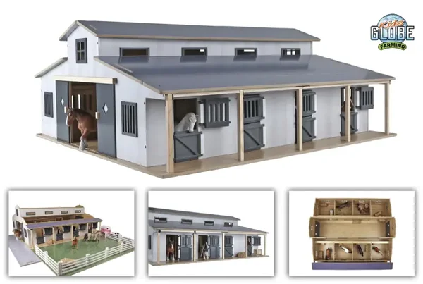 Kids Globe paardenstal met 7 boxen en weiland 1:24 75x69x31cm