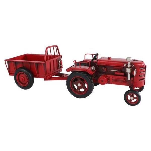 Tractor met Aanhanger Farm – Rode metalen decoratie 32 cm