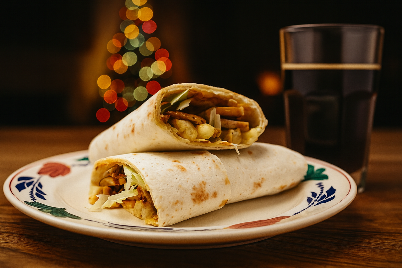 Zelfgemaakte O'Tacos (Franse Taco) doorgesneden, met vulling van friet en kip-kebab op een bord.