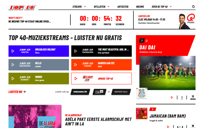 Screenshot van de officiële Top40.nl website waarop Radiozenders.FM als stream-partner wordt genoemd tussen TuneIn en Sonos Radio