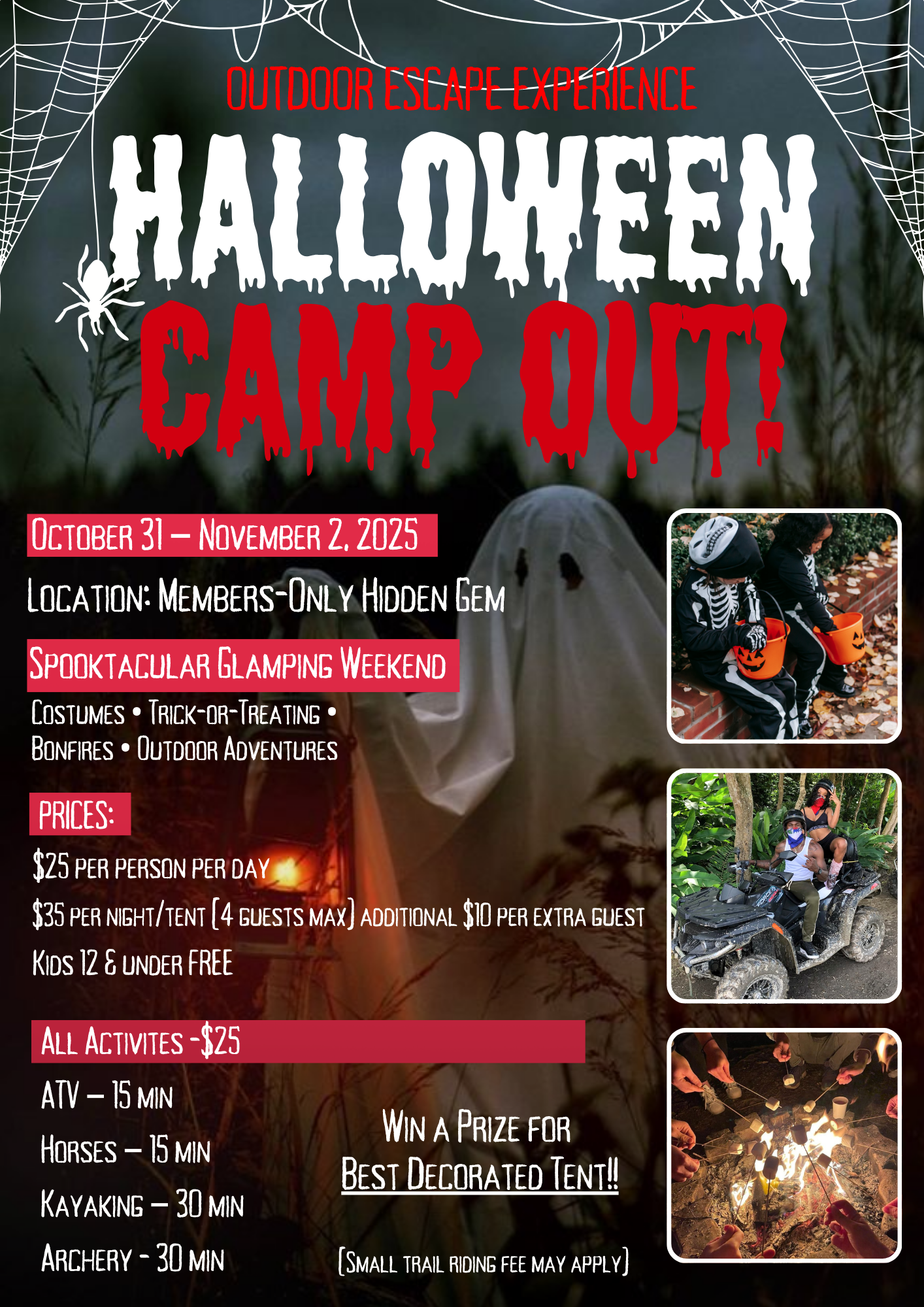 Flyer for “The Escape Files: Outdoor Mystery Campout” by Outdoor Escape Experience, happening Oct 31–Nov 2 in Covington, GA. Includes camping, mystery adventure, costume contest, supper, and add-ons like ATV, fishing, and archery.