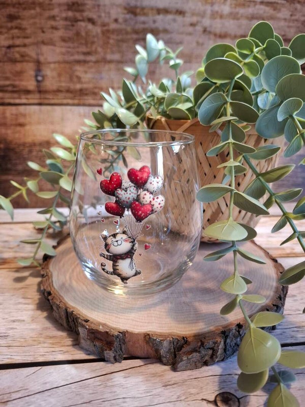Glas - Katze mit Herzballons