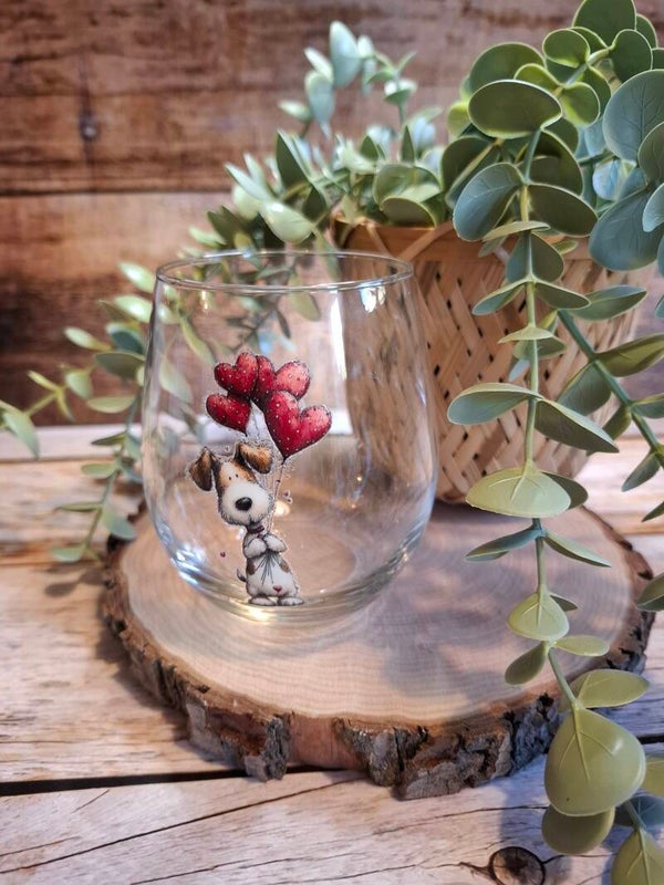 Glas - Hund mit Herzballons