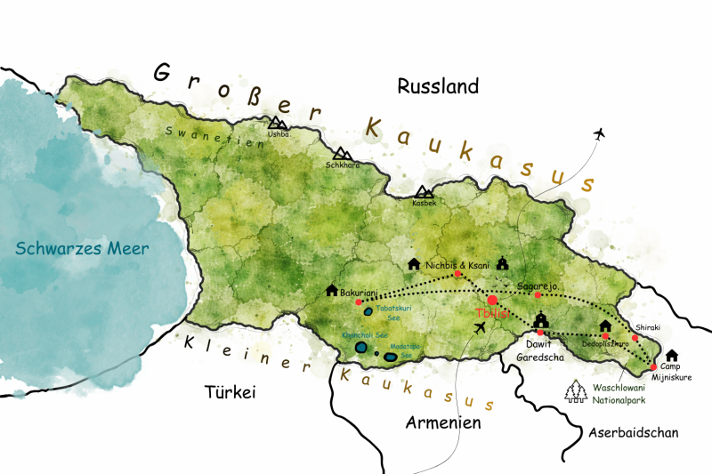 Karte von Georgien mit Reiseverlauf