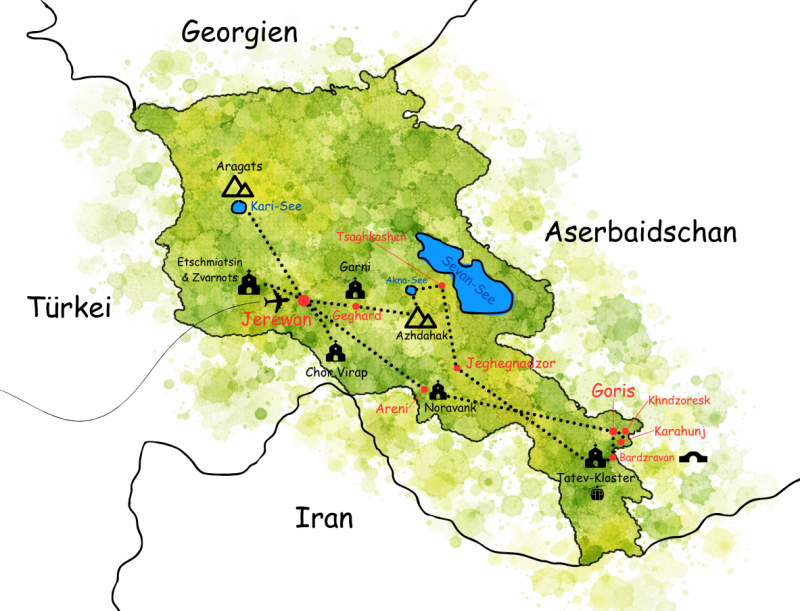 Karte von Armenien mit Reiseverlauf