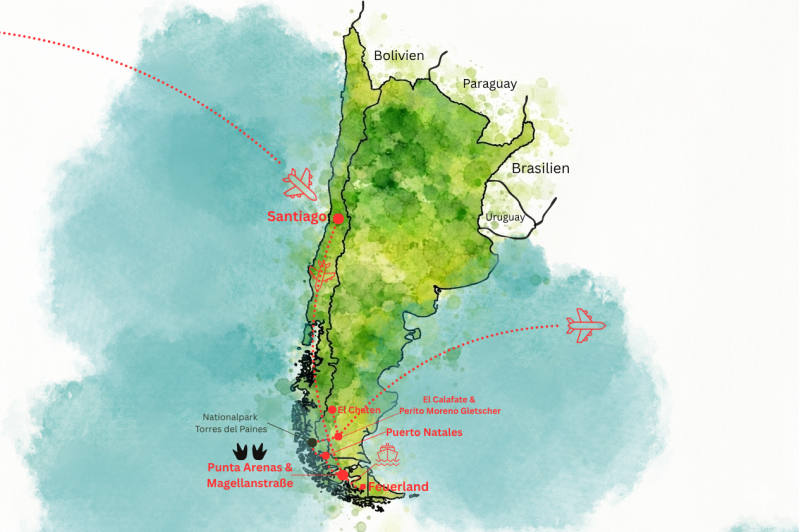 Karte mit Routenverlauf Chile und Argentinien