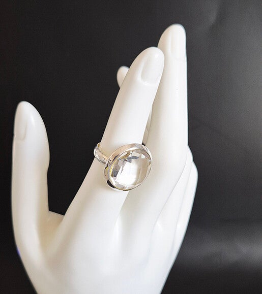 Round Clear Quartz and 925 Sterling Silver Ring