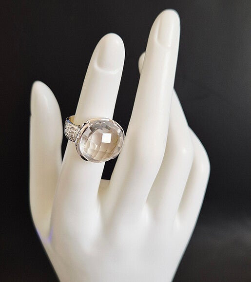 Faceted Round White Quartz and Sterling Silver Ring