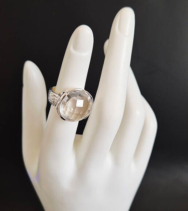 Faceted Round White Quartz and Sterling Silver Ring