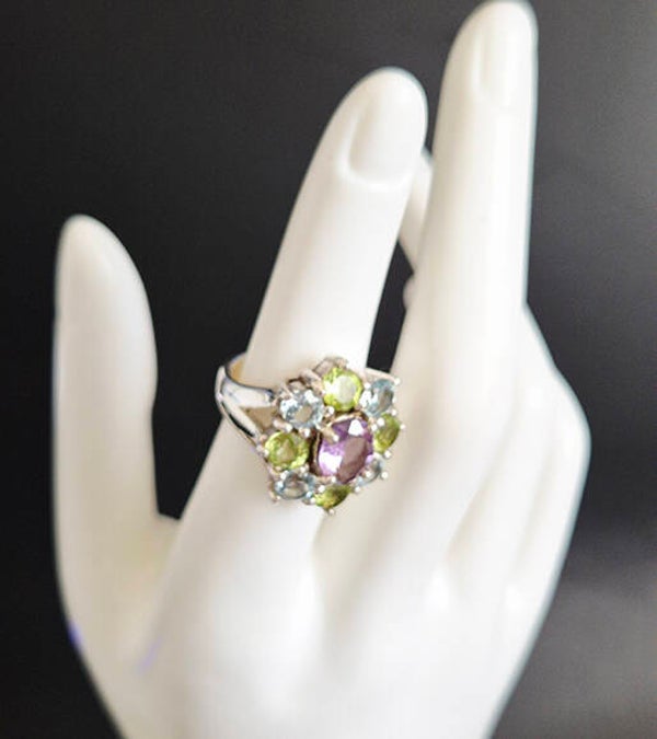 Multi coloured Gemstone, Peridot, Blue Topaz, Amethyst and 925 Sterling Silver Ring