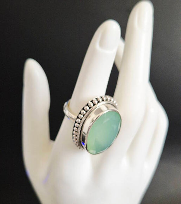 Oval Green Chalcedony and 925 Sterling Silver Ring