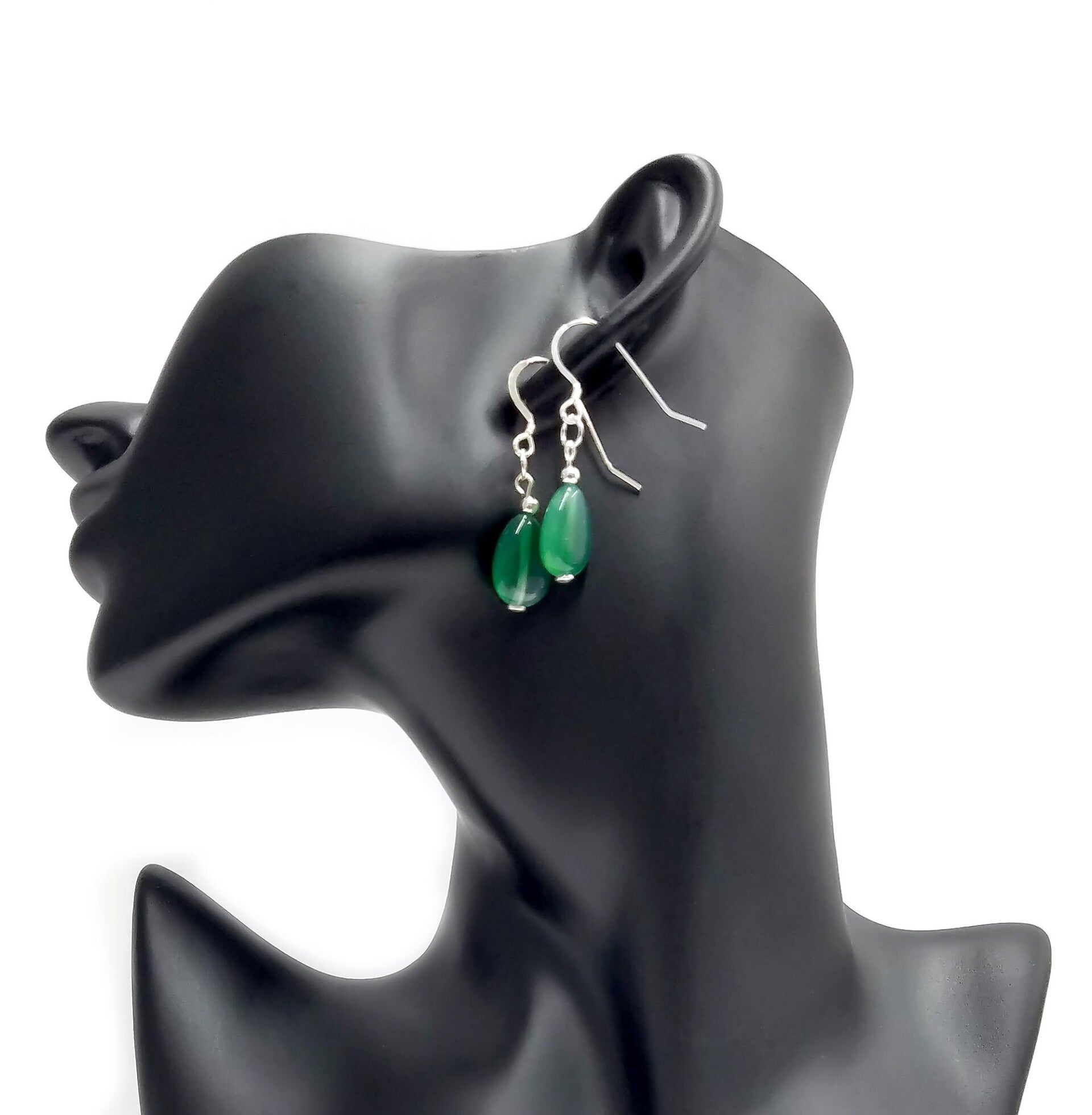 Green Agate Pear Drop Gemstone and 925 Sterling Silver Earrings