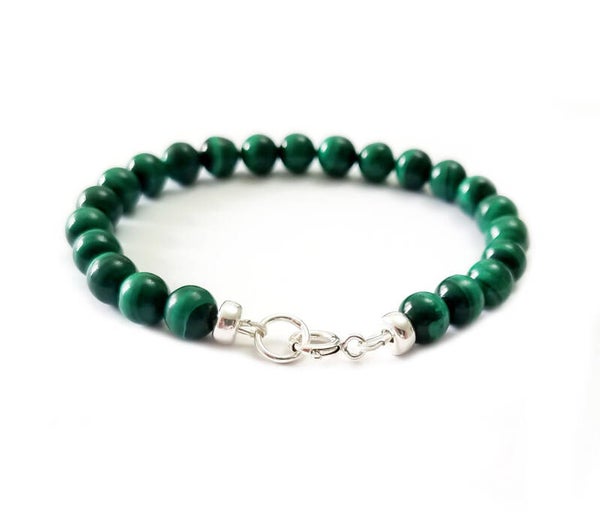Green Malachite Gemstone and 925 Sterling Silver Clasp Bracelet