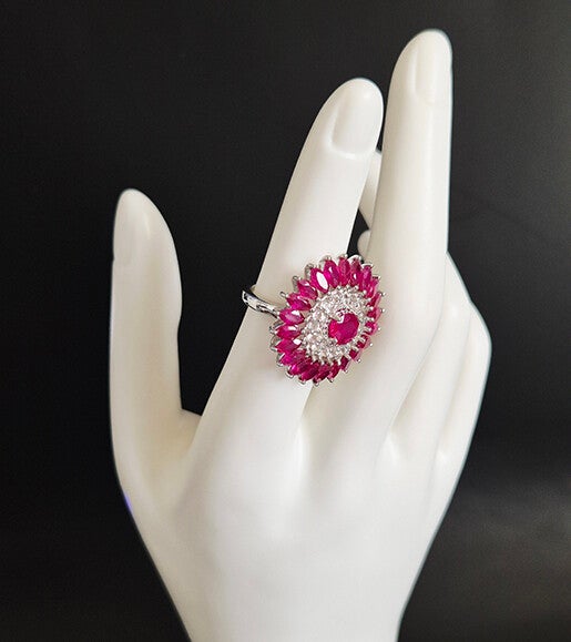 Ruby Cluster Cocktail and Sterling Silver Ring