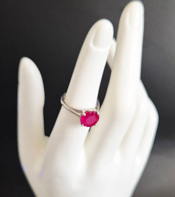 Small Round Red Ruby and Sterling Silver Ring