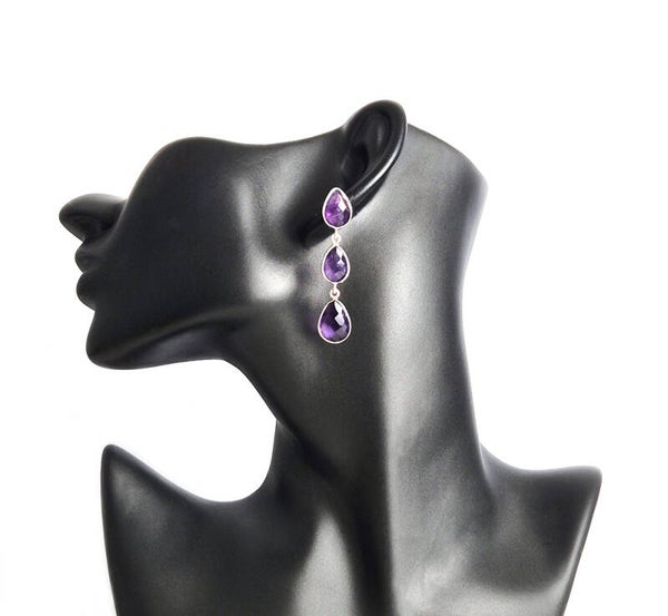 Amethyst Pear Drop Gemstone and 925 Sterling Silver Earrings