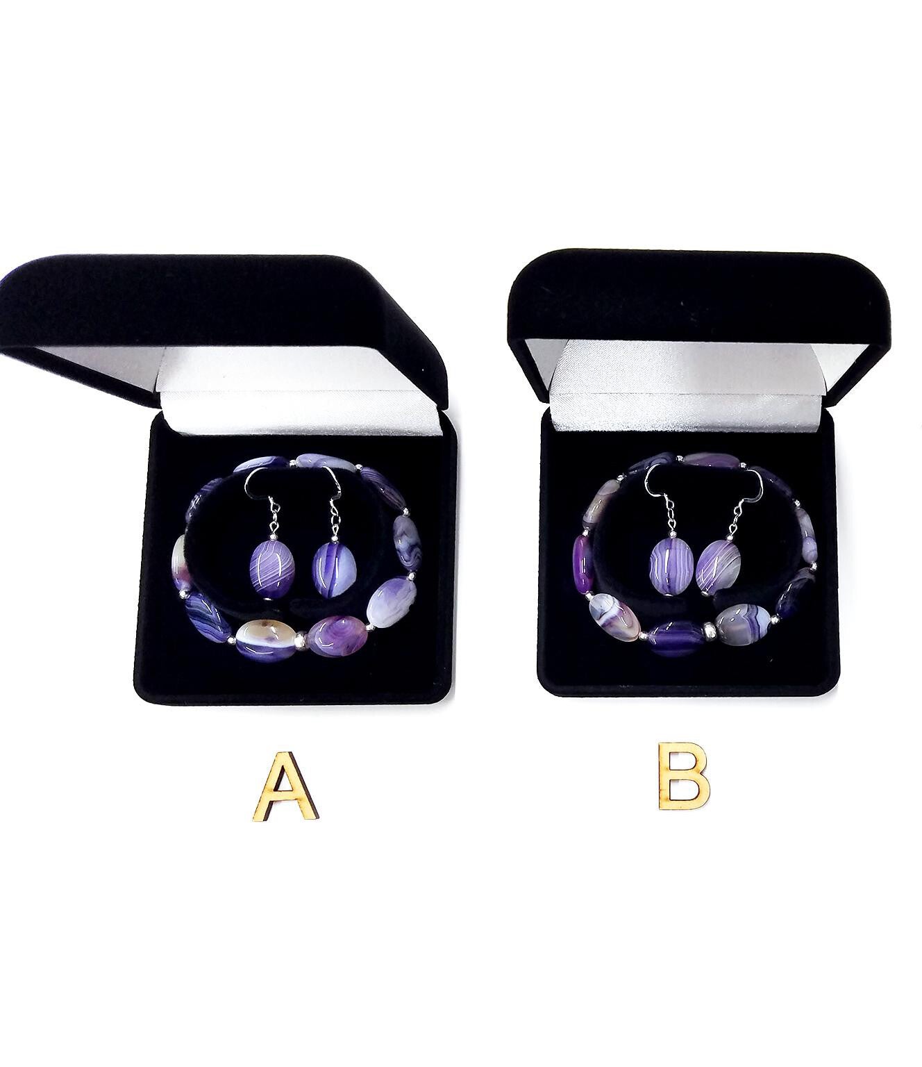 Purple Banded Agate and 925 Sterling Silver Gemstone Stretch Bracelet and Earring set