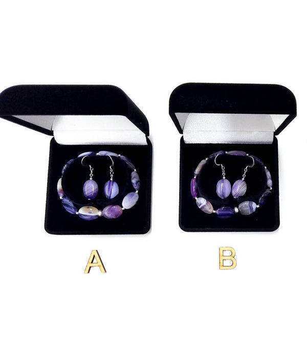 Purple Banded Agate and 925 Sterling Silver Gemstone Stretch Bracelet and Earring set