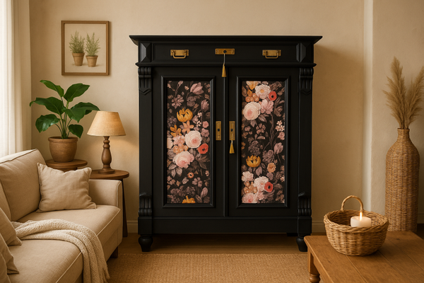 Te koop stijlvol zwart kastje met bloemenpanelen