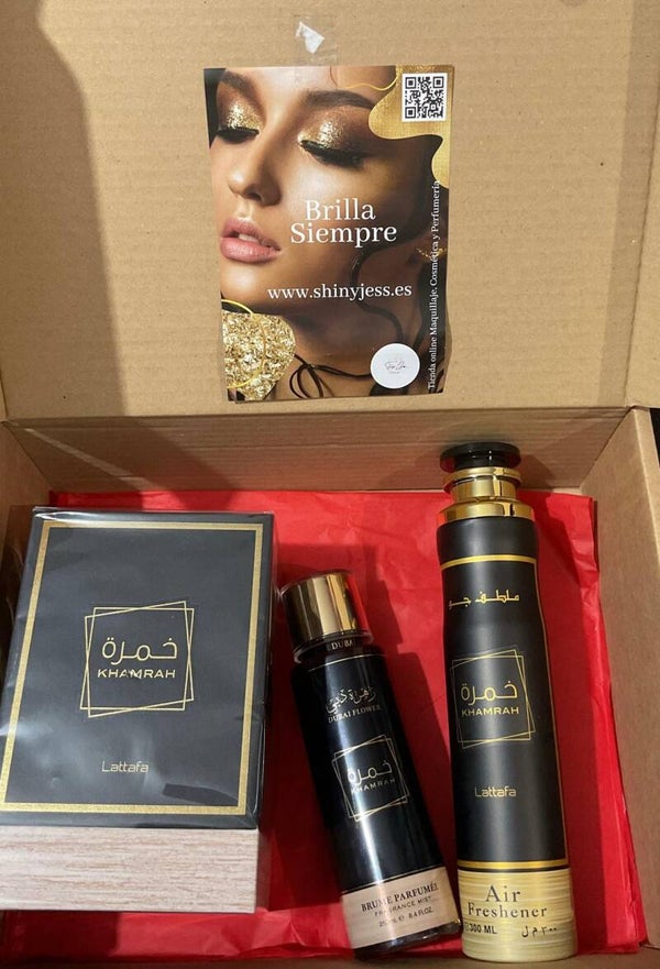 Set/Pack shinyjess Khamrah de Lattafa + Bruma corporal y para el Cabello + Ambientador de regalo spray 300 ml