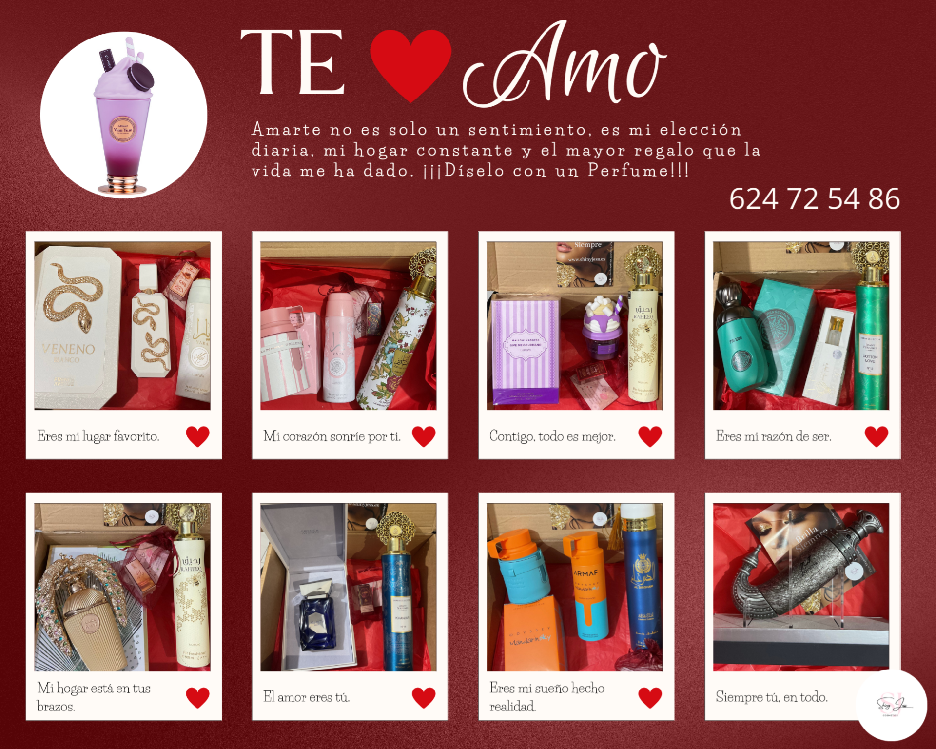 Imagen promocional de San Valentín con nueve sets de perfumes árabes presentados en cajas decoradas con papel rojo y mensajes románticos como “Eres mi lugar favorito” y “El amor eres tú”. En el centro, un texto dice “Te amo” seguido de una declaración emo