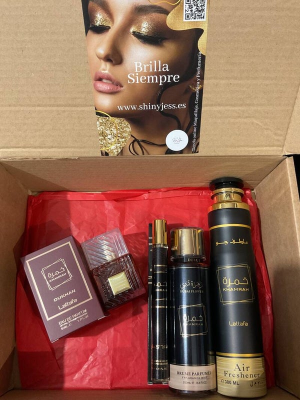 Set/Pack de Regalo Khamrah Dukhan Mini de Lattafa 50 ml + Ambientador de Regalo