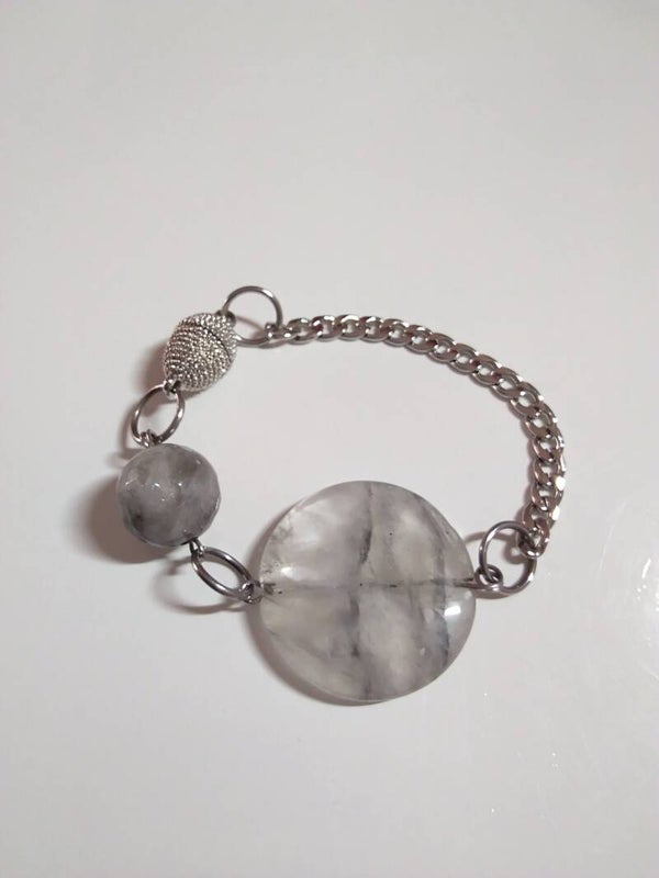 Quarzo Grigio medaglione forato bracciale in acciaio