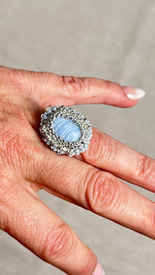 Anello Peyote Regolabile Calcedonio blu