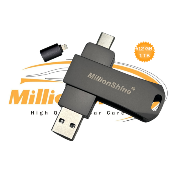 MillionShine 2 in 1 USB Stick - 512 GB & 1 TB - Mat Zwart - Externe Geheugen voor iPhone / iOS / Android USB-C & USB-A + Adapter