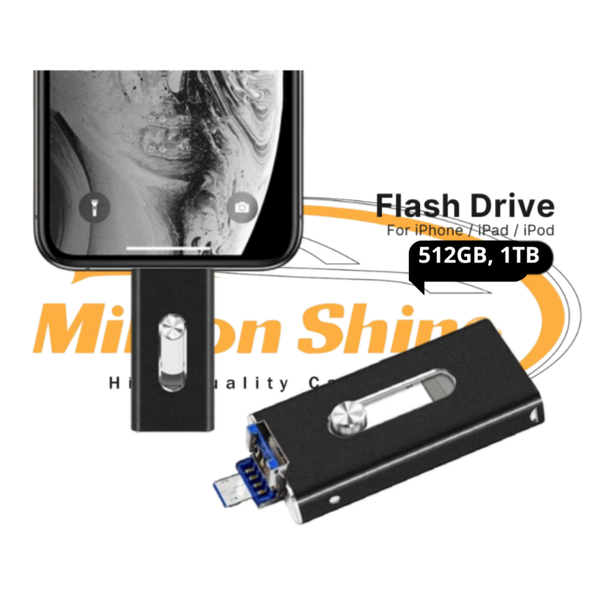 3 in 1 USB Stick - 512 GB - 1 TB - Hoge Snelheid - Geschikt voor iPhone, Android, iPad, Windows & Mac - Externe Opslag - Zwart