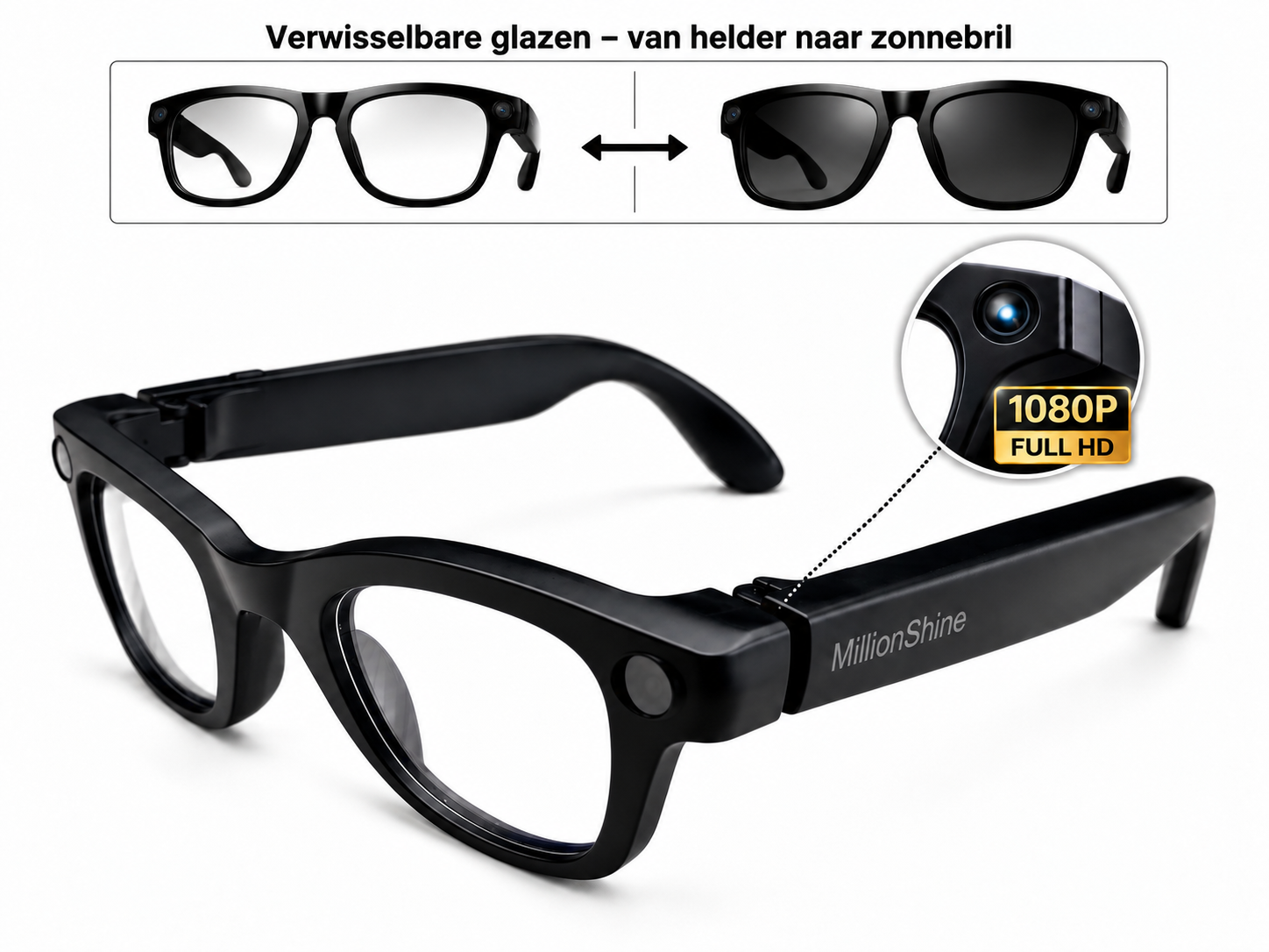 Ai Smart Glasses - 8MP - Ai Slimme Zonnebril - 1080p Full Hd Spycam - Vertaalfunctie - met Bluetooth - Blauw Licht Filter en Zwarte Glazen - Wifi - Met 64GB SD Kaart